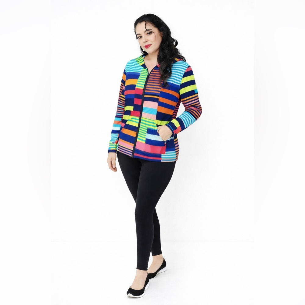 Lands' End Multicolor Zip Hoodie Women's Size L Bright Striped Activewear Jacket
